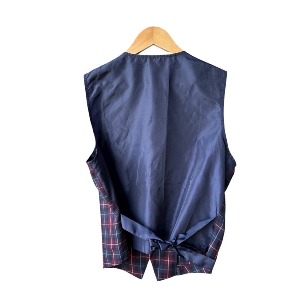 Fundamental Things Vest Vintage Plaid Button Front Navy Red Preppy Formal Sz 14 - Picture 2 of 5